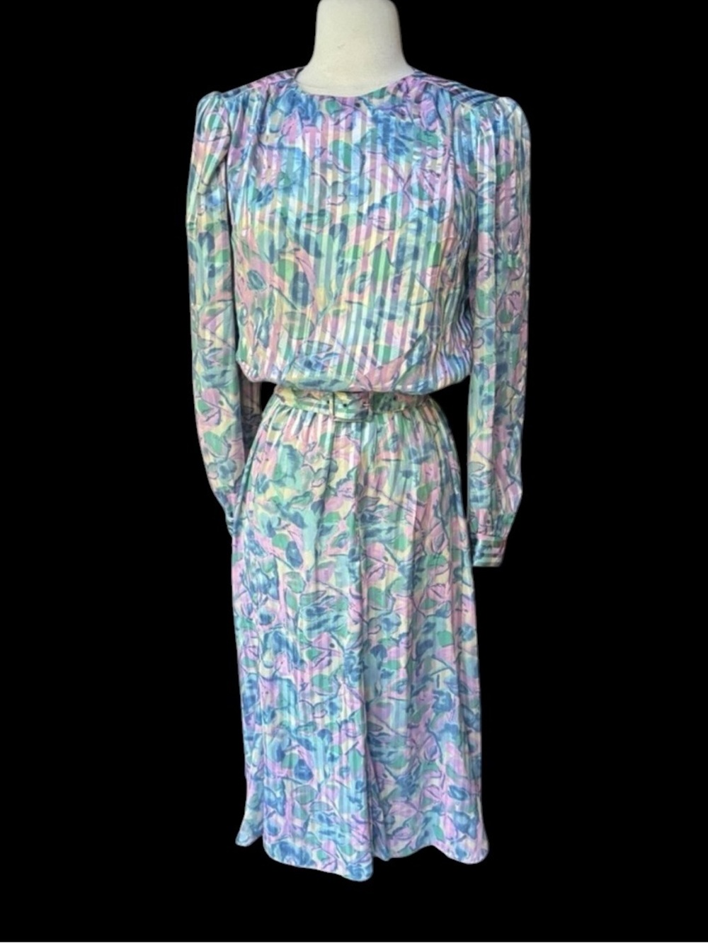 1980s Alexis Fashions, Made in USA, Multi-Color Career Dress w/Matching‎ Belt